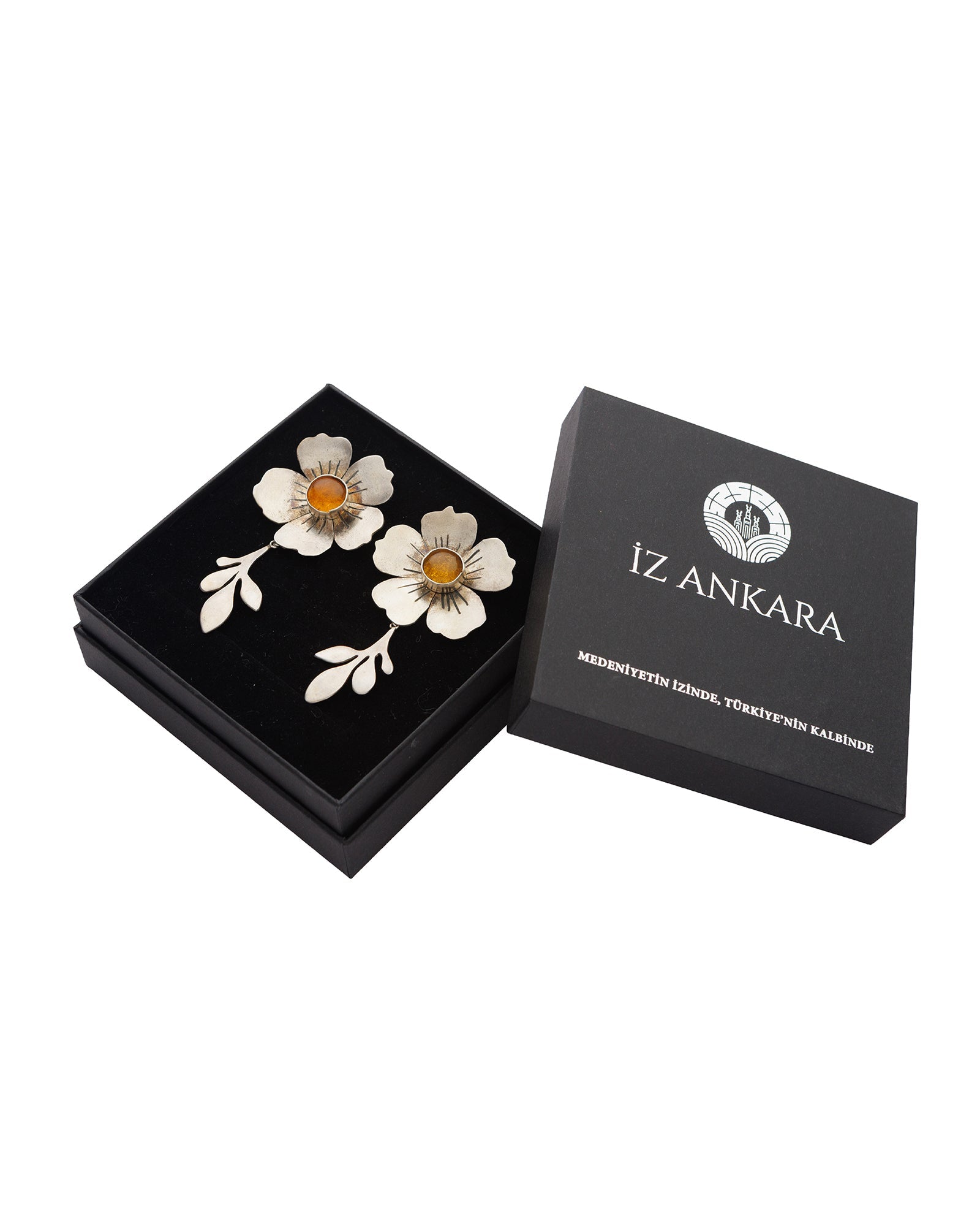 Amber Stone Stylized Floral Earring Set - izankara