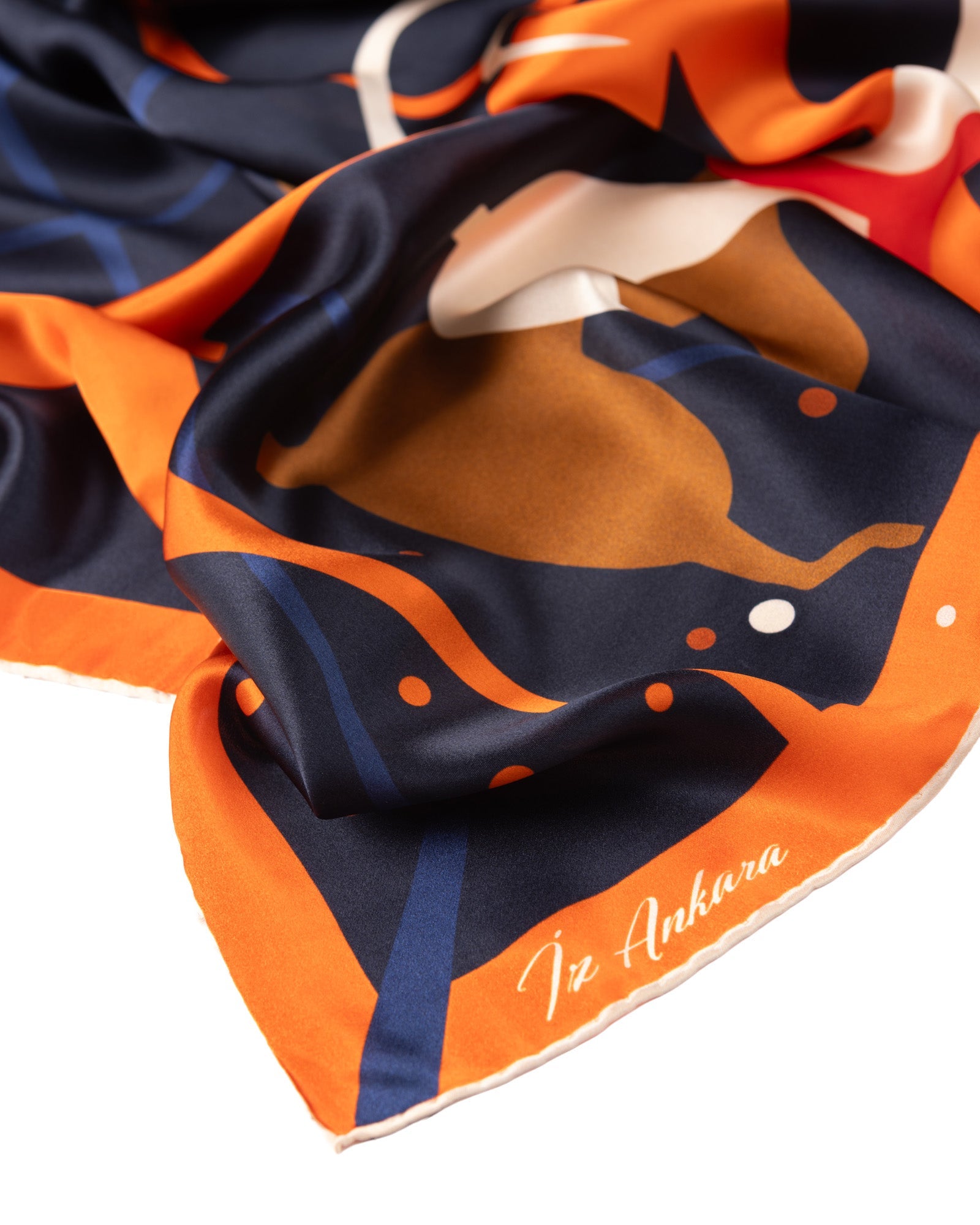 Ankara Goat Pattern Silk Scarf | Orange - Navy - izankara