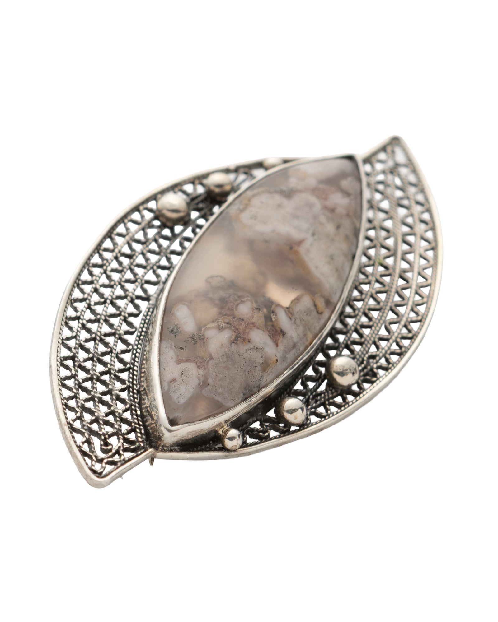Brown - Beige Eye Shaped Agate Stone Filigree Brooch - 2101 2976 - izankara