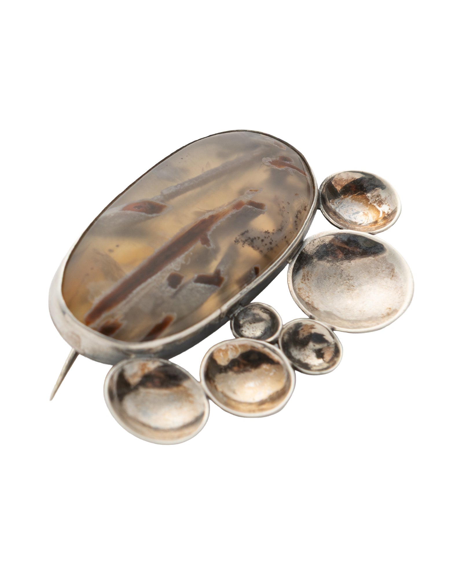 Brown - Beige Long Oval Shaped Agate Brooch with Round Details - 2101 3287 - izankara