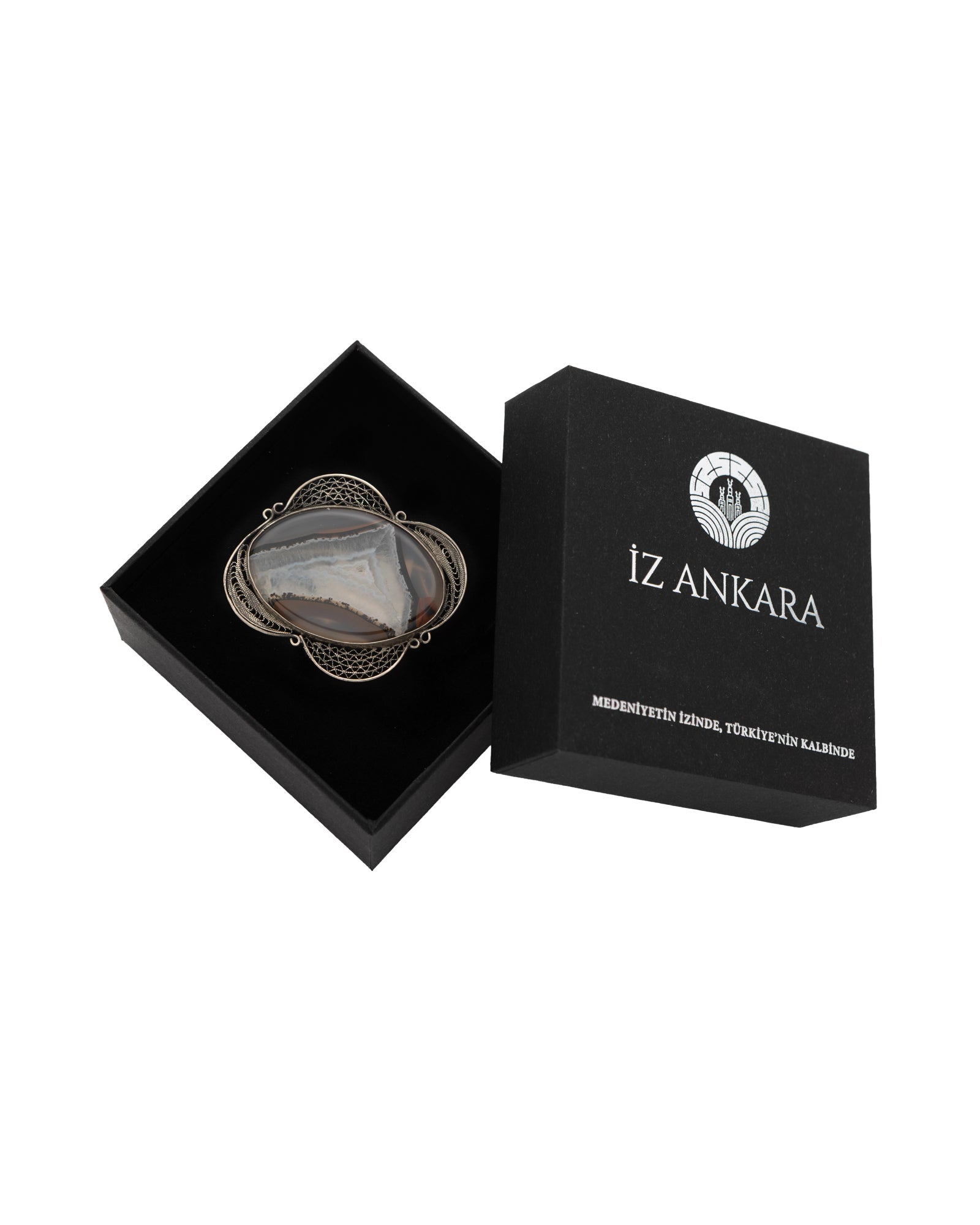 Brown - Beige Oval Shaped Çubuk Agate Stone Filigree Brooch - 2100 8276 - izankara