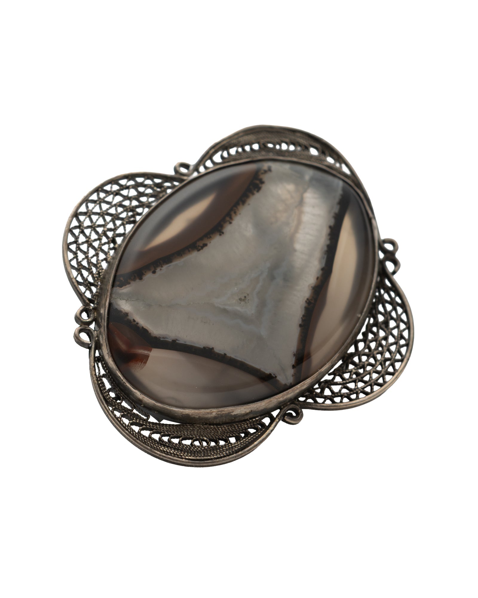 Brown - Beige Oval Shaped Çubuk Agate Stone Filigree Brooch - 2100 8276 - izankara