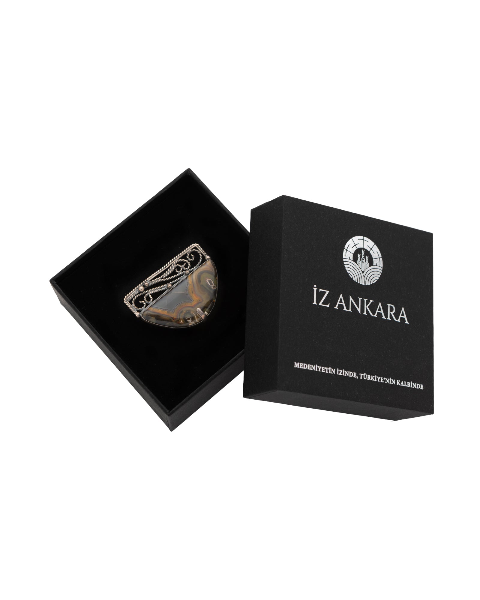Brown - Gray Half - Moon Agate Brooch and Ring Set - 2100 7170 - izankara