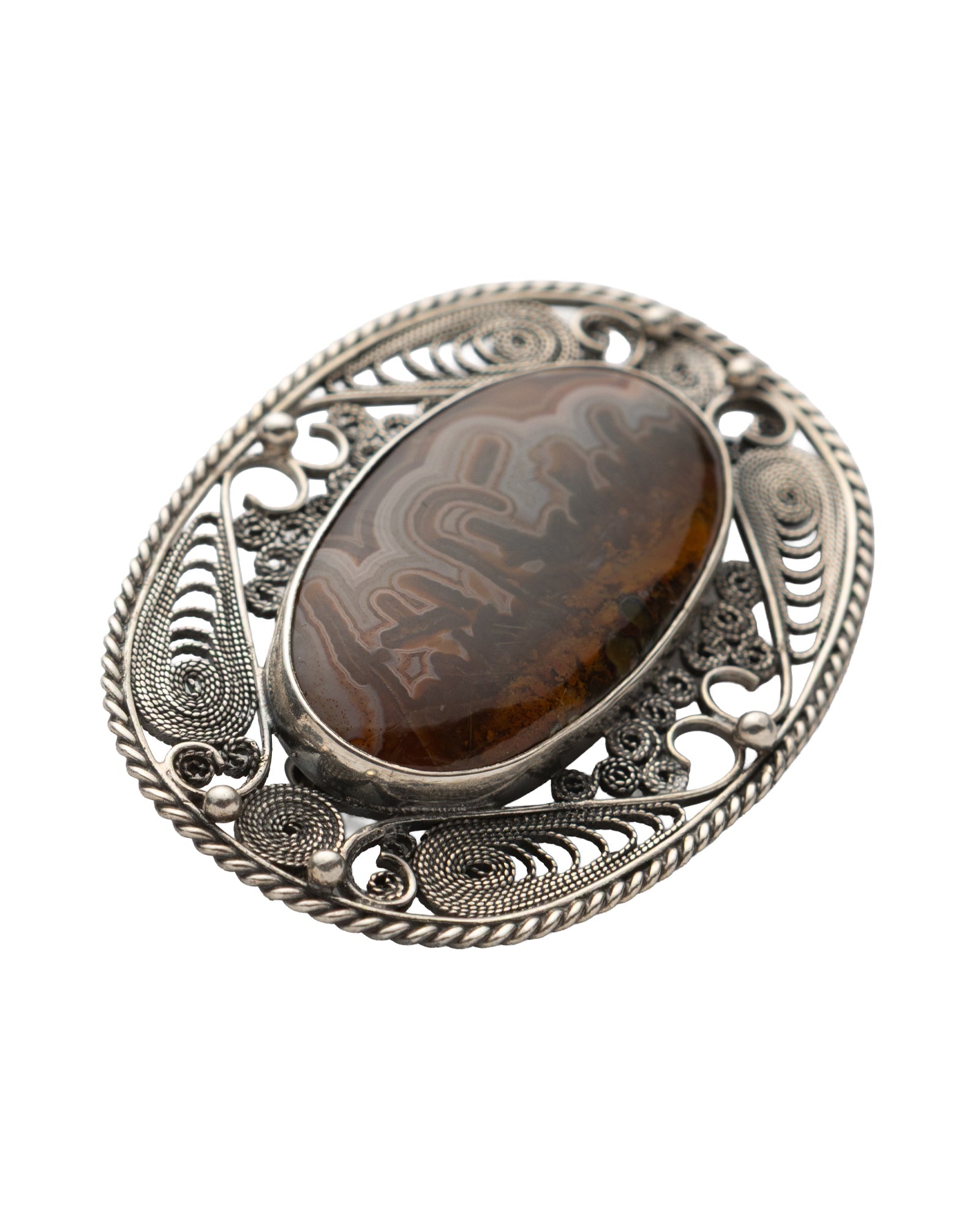 Brown - Gray Long Oval Shaped Agate Brooch - 2101 2907 - izankara