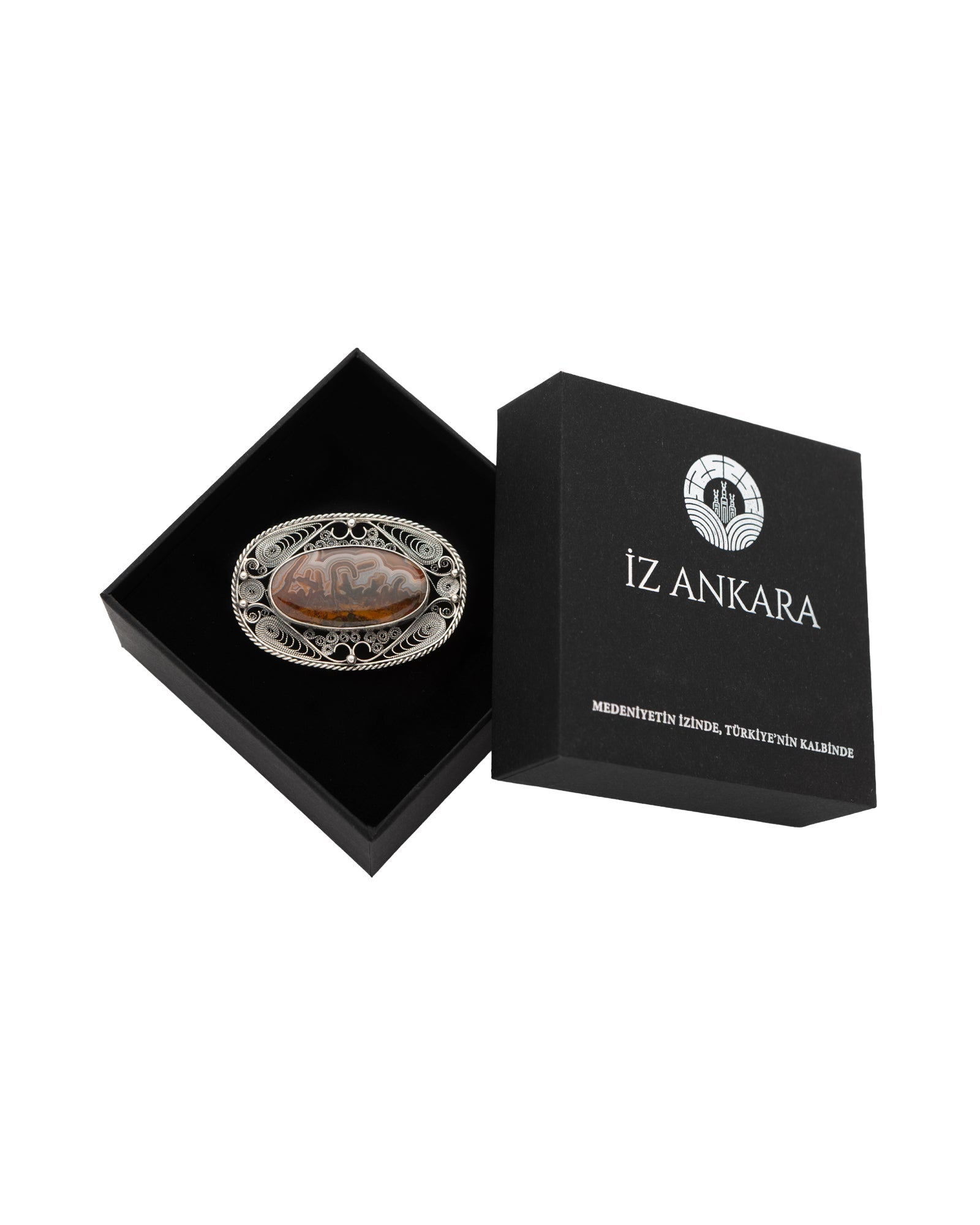 Brown - Gray Long Oval Shaped Agate Brooch - 2101 2907 - izankara