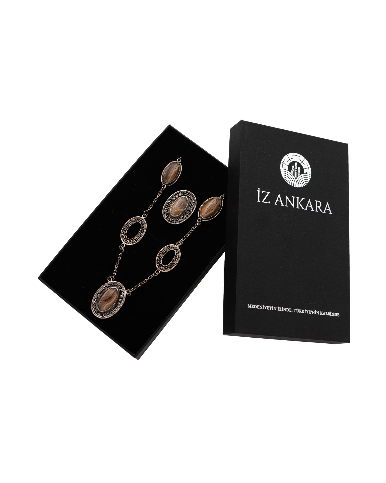 Brown - Gray Oval Agate Silver Necklace and Ring Set - 2100 7385 - izankara