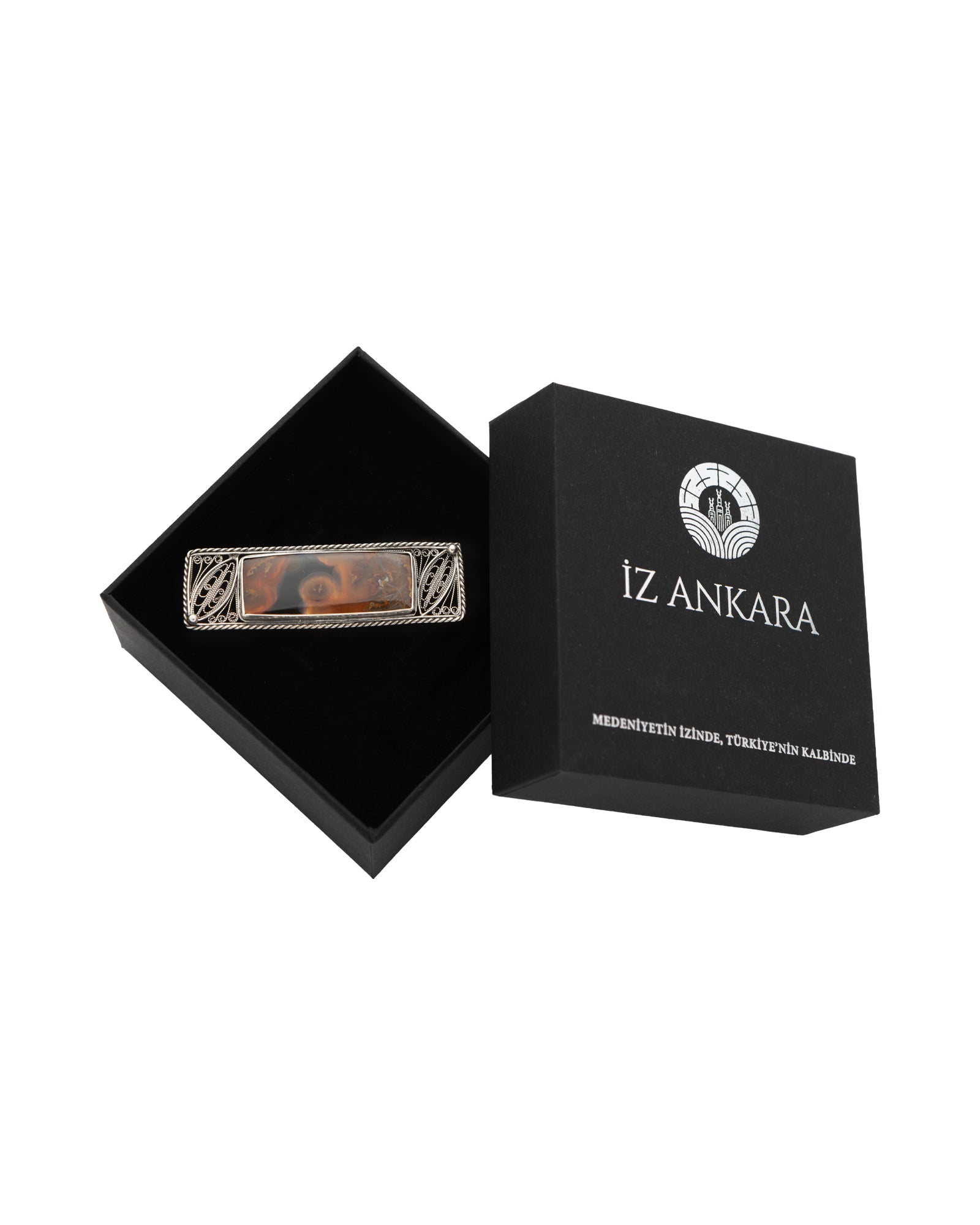 Brown - Gray Rectangular Agate Brooch - 2101 2655 - izankara