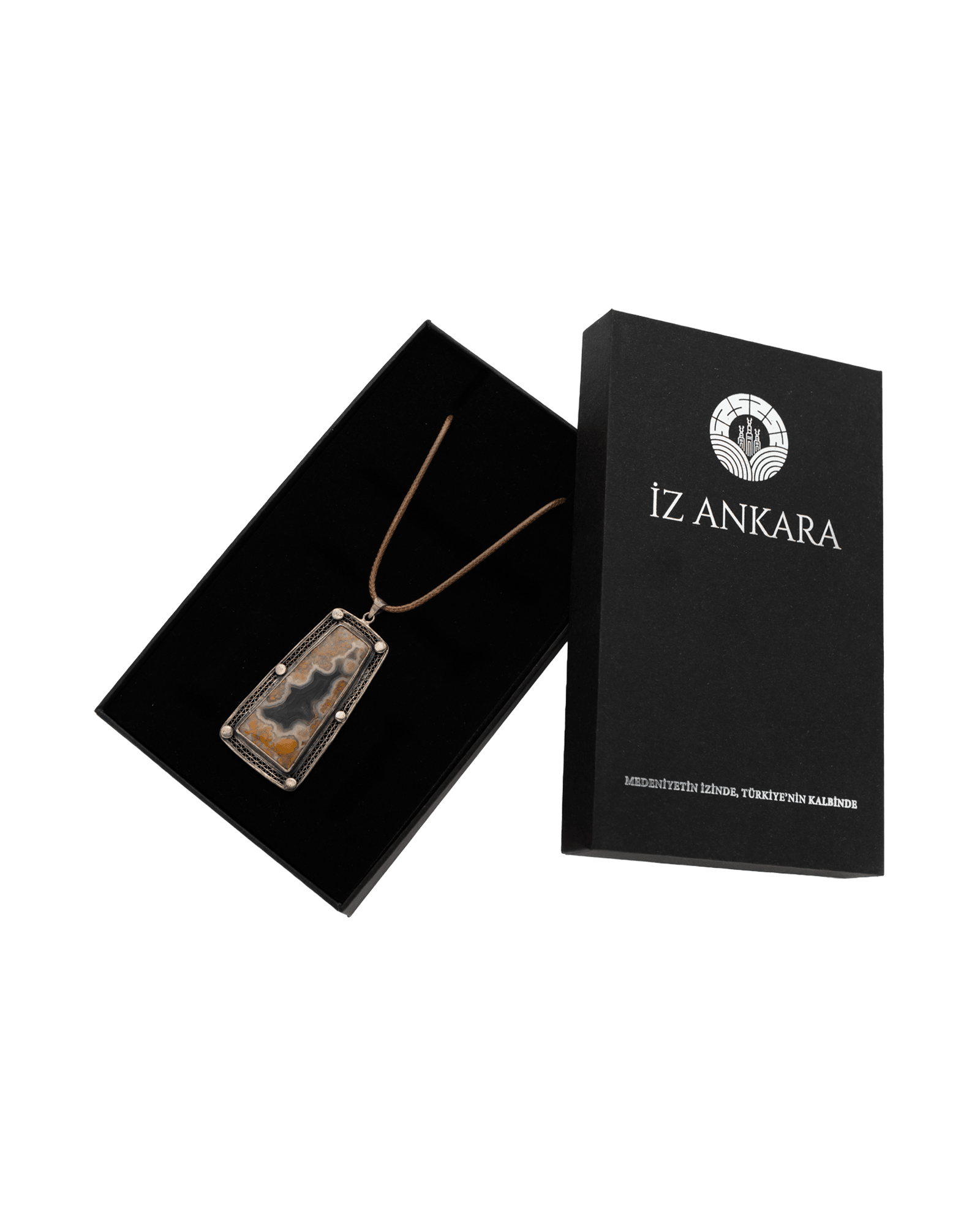 Brown - Gray Rectangular Agate Leather Cord Necklace - 2101 1122 - izankara