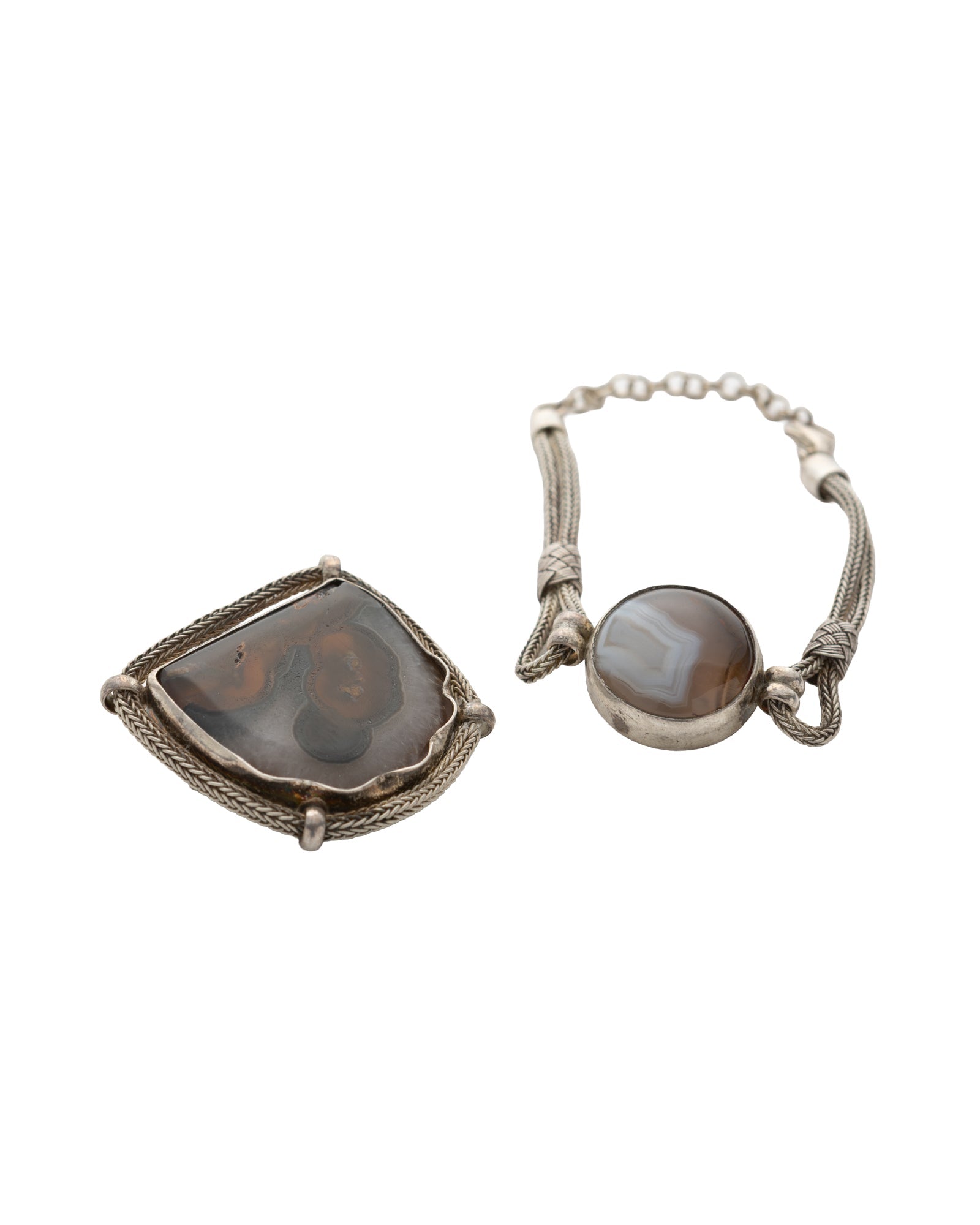 Brown - White Patterned Agate Stone Bracelet and Brooch Set - 2100 7248 - izankara