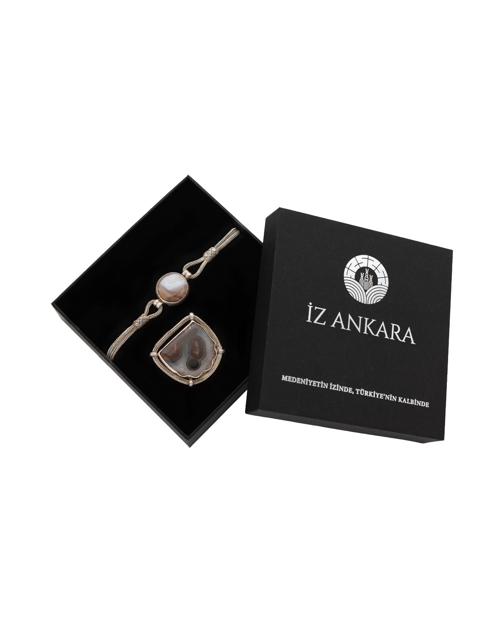 Brown - White Patterned Agate Stone Bracelet and Brooch Set - 2100 7248 - izankara