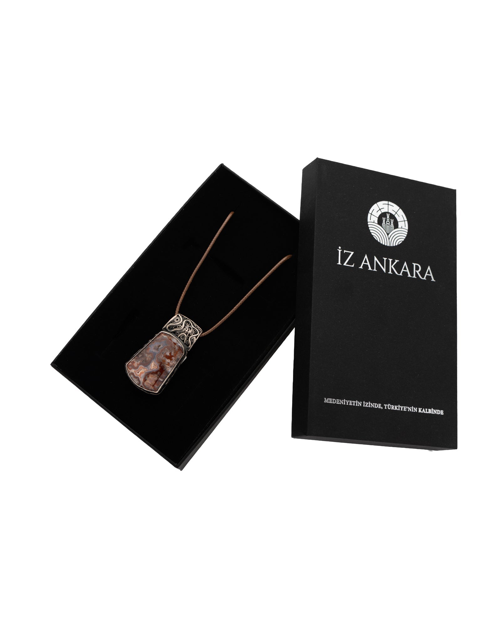 Brown - White Patterned Rectangular Agate Leather Cord Necklace - 2101 1139 - izankara