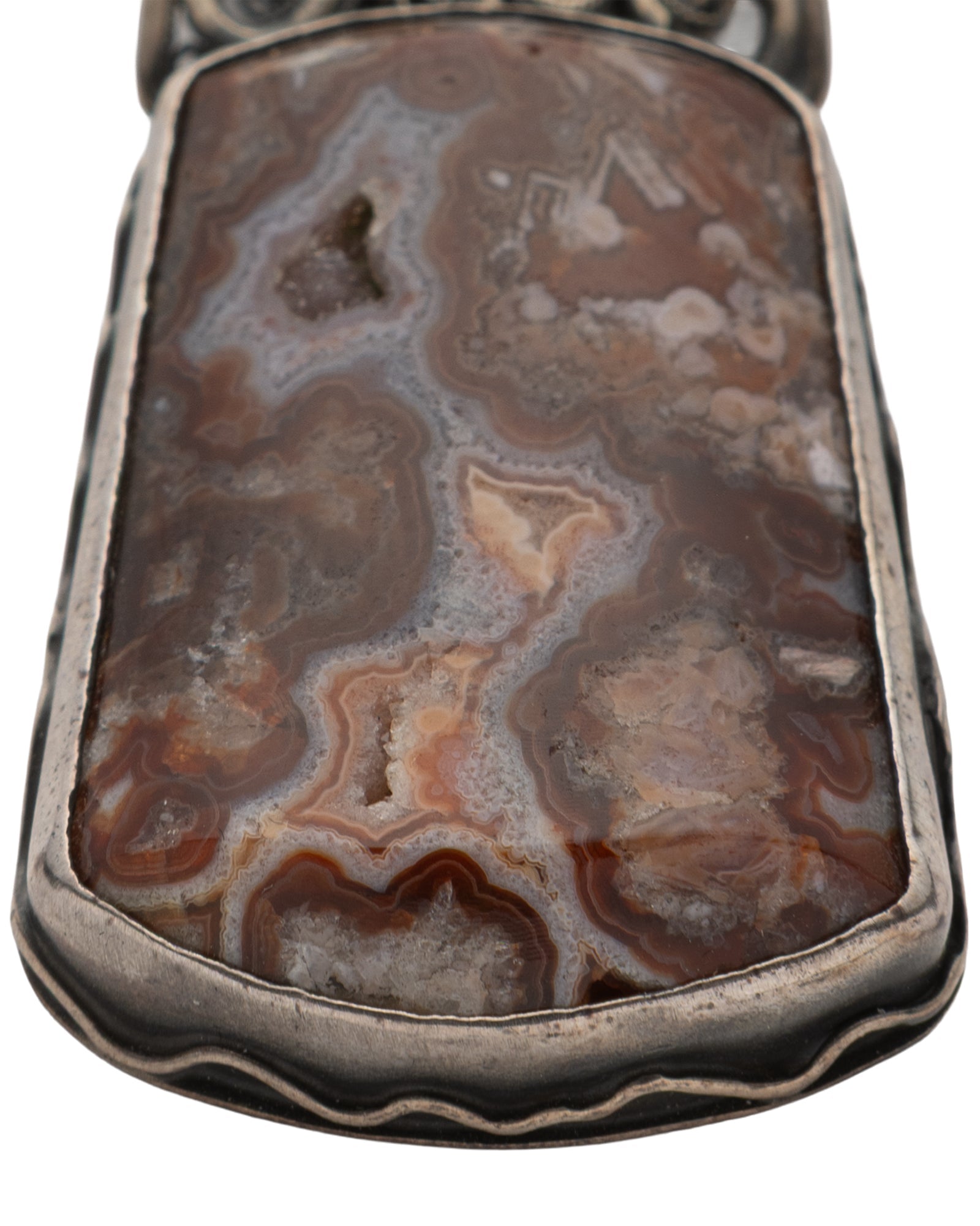 Brown - White Patterned Rectangular Agate Leather Cord Necklace - 2101 1139 - izankara
