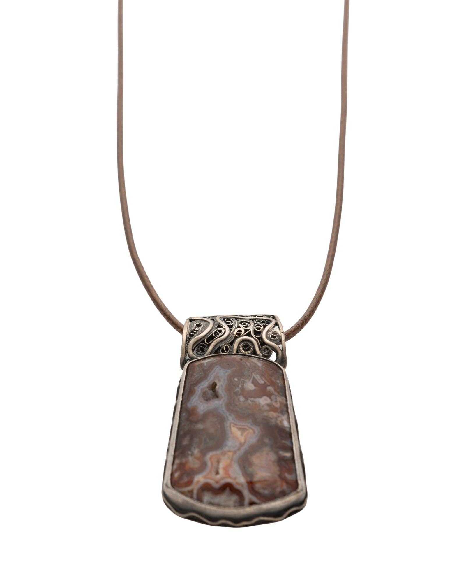 Brown - White Patterned Rectangular Agate Leather Cord Necklace - 2101 1139 - izankara