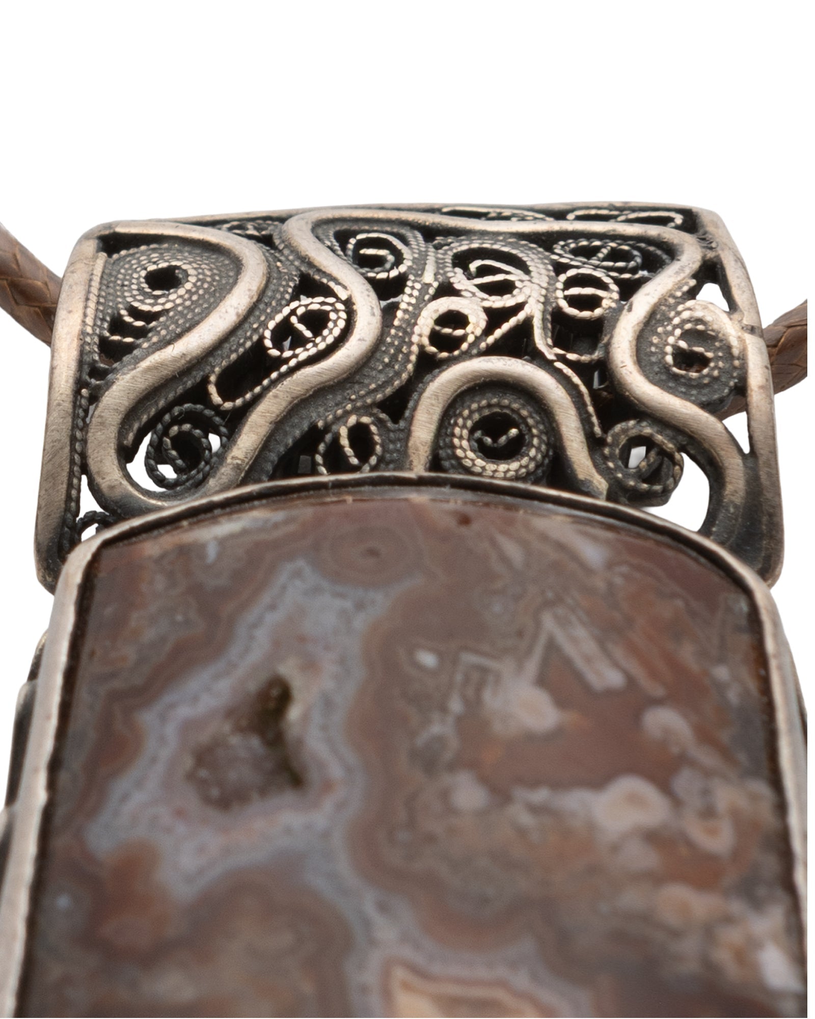 Brown - White Patterned Rectangular Agate Leather Cord Necklace - 2101 1139 - izankara