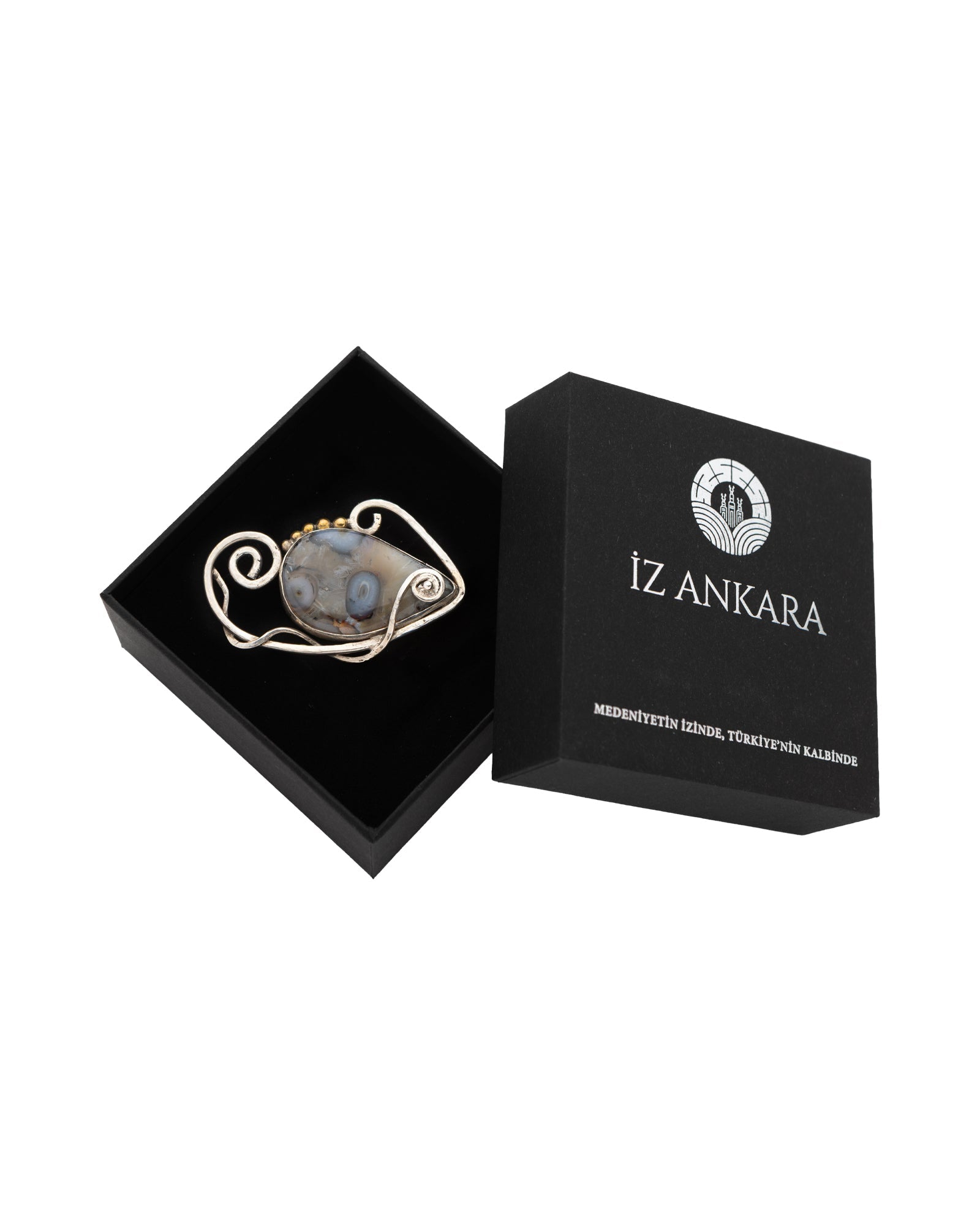 Brown - White Round Shaped Agate Brooch - 2101 3058 - izankara