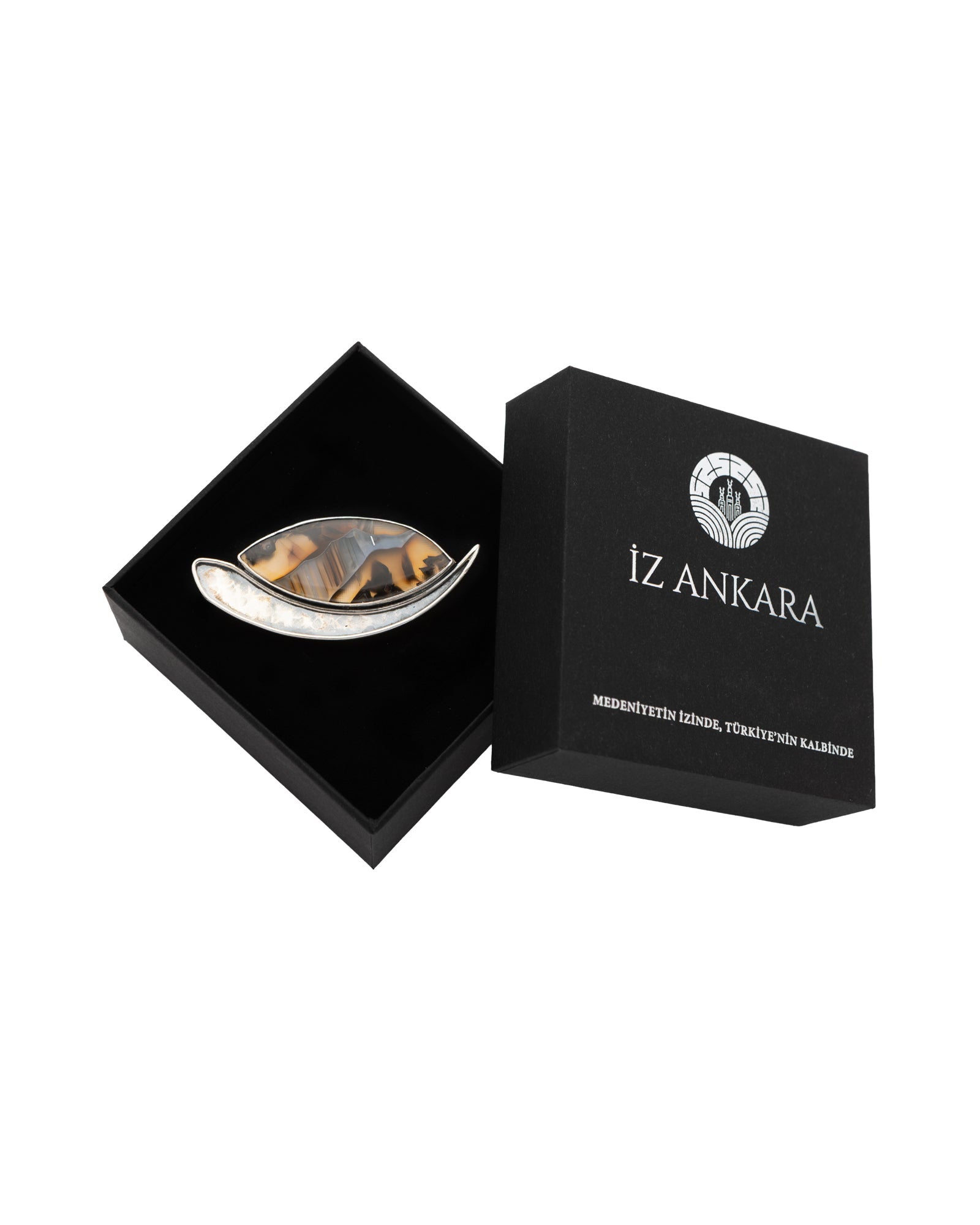 Brown - Yellow Long Oval Shaped Agate Brooch - 2101 3294 - izankara