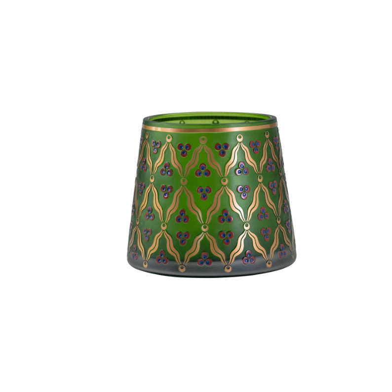 Green pencilcase with gold chintemani patterns on a white background