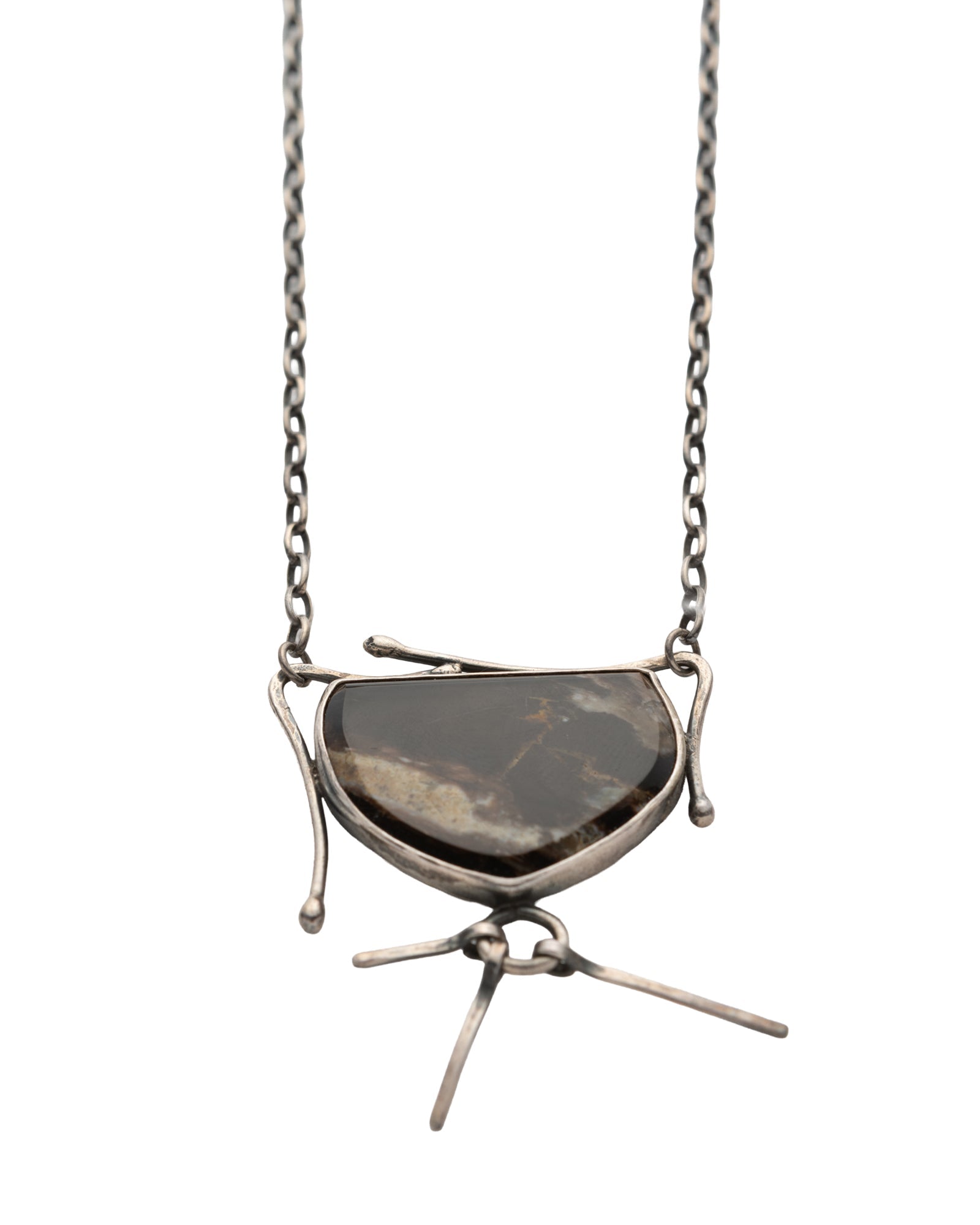 Çubuk Agate Stone - Shild - Shaped Brown Stone Silver Necklace - 2101 3164 - izankara