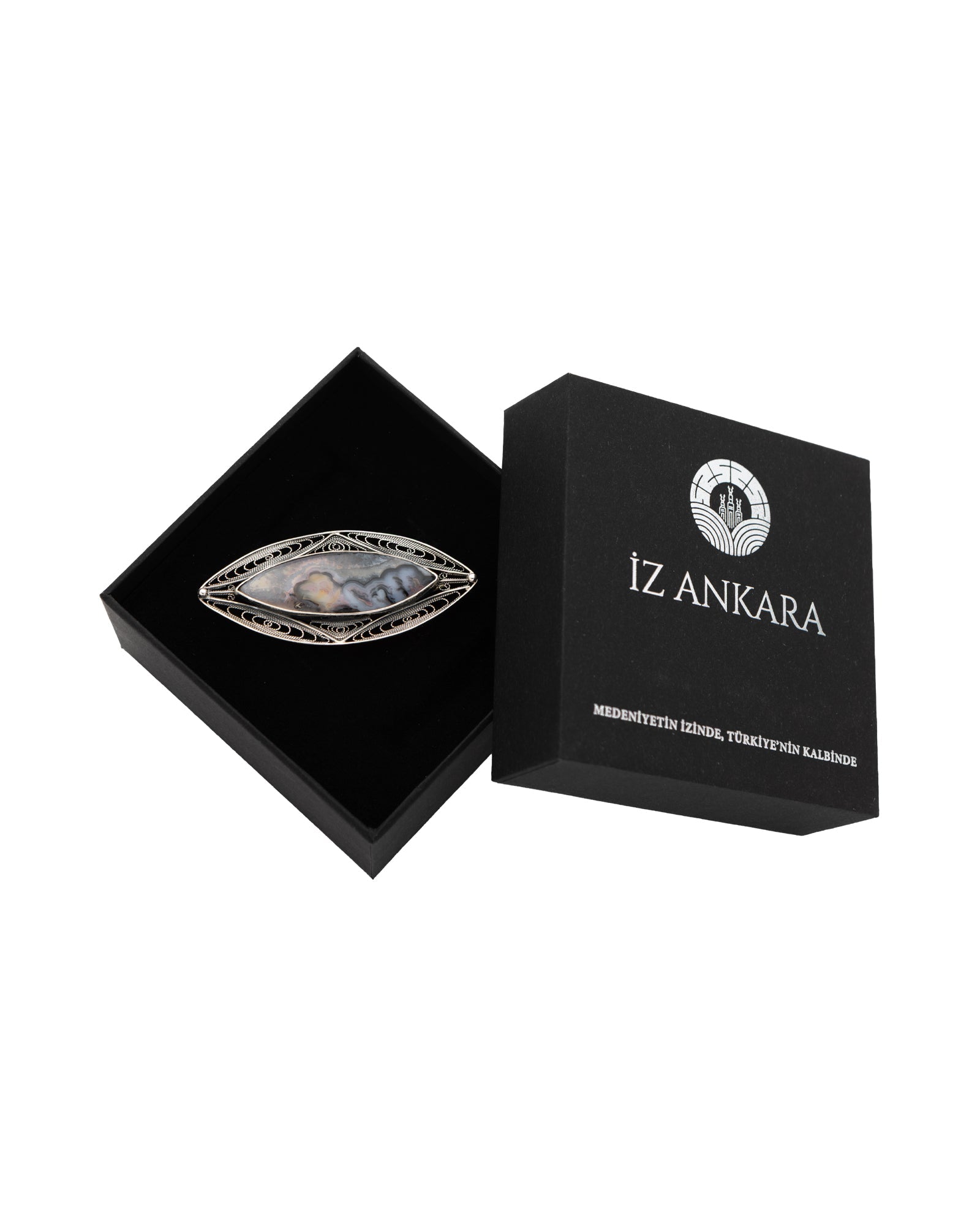 Gray - Cream Long Oval Shaped Agate Stone Filigree Brooch - 2101 3010 - izankara
