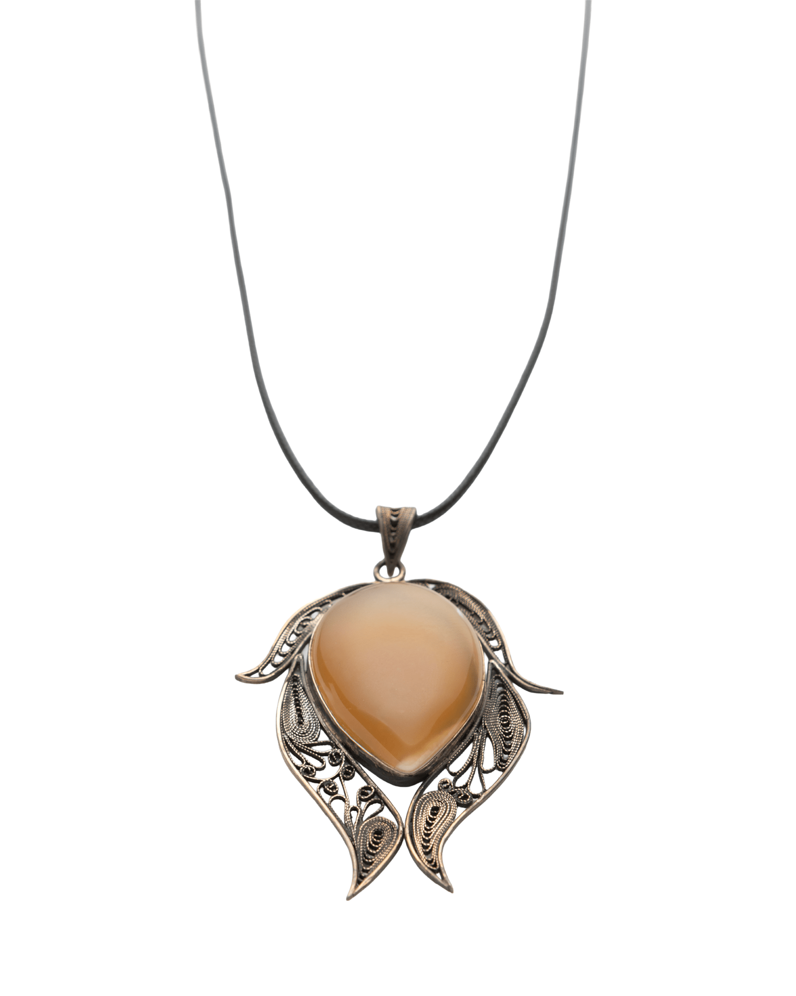 Handmade Silver Necklace with Light Brown Teardrop Agate Stone - izankara