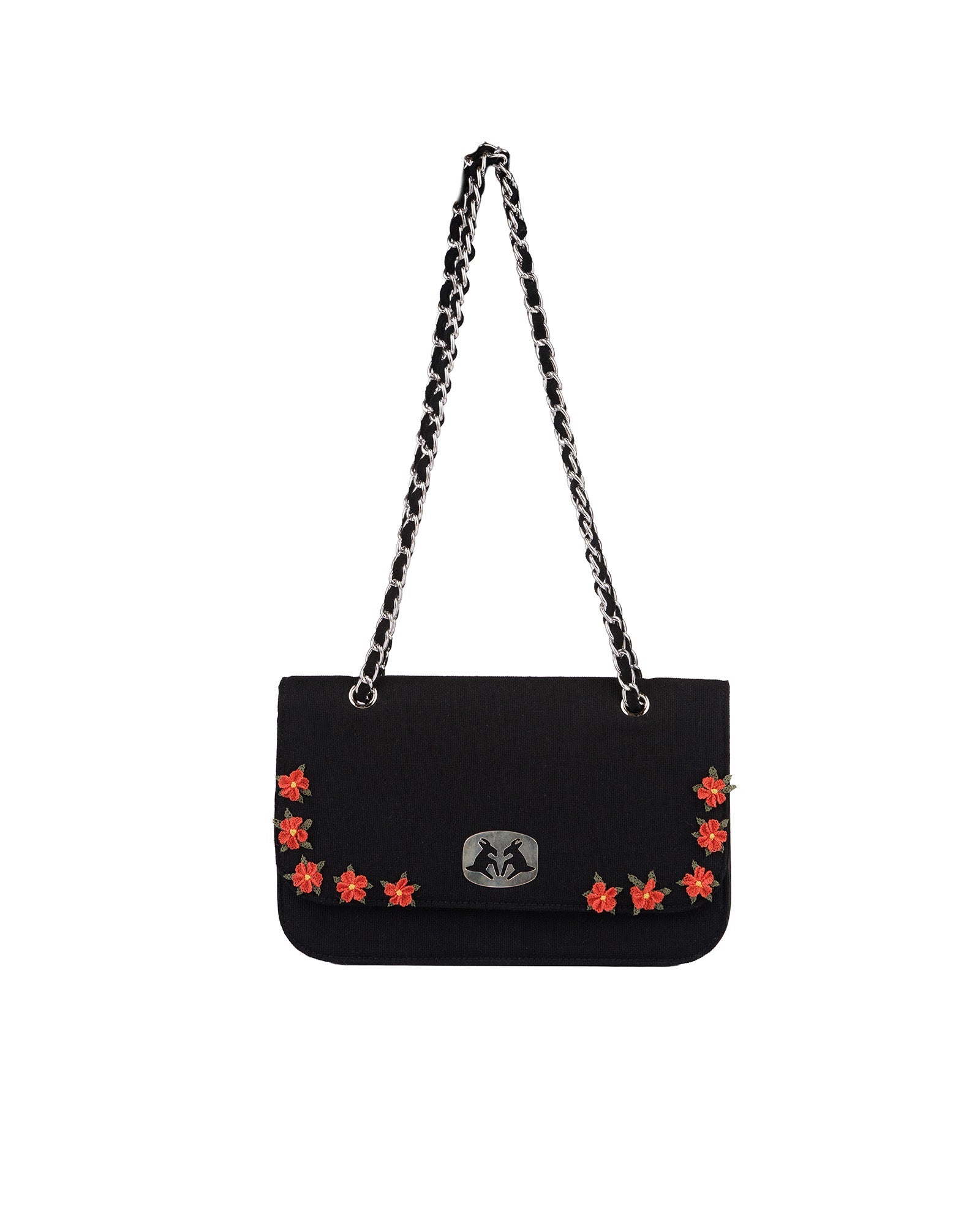 Handmade Sof Bag with Red Floral Embroidery - izankara