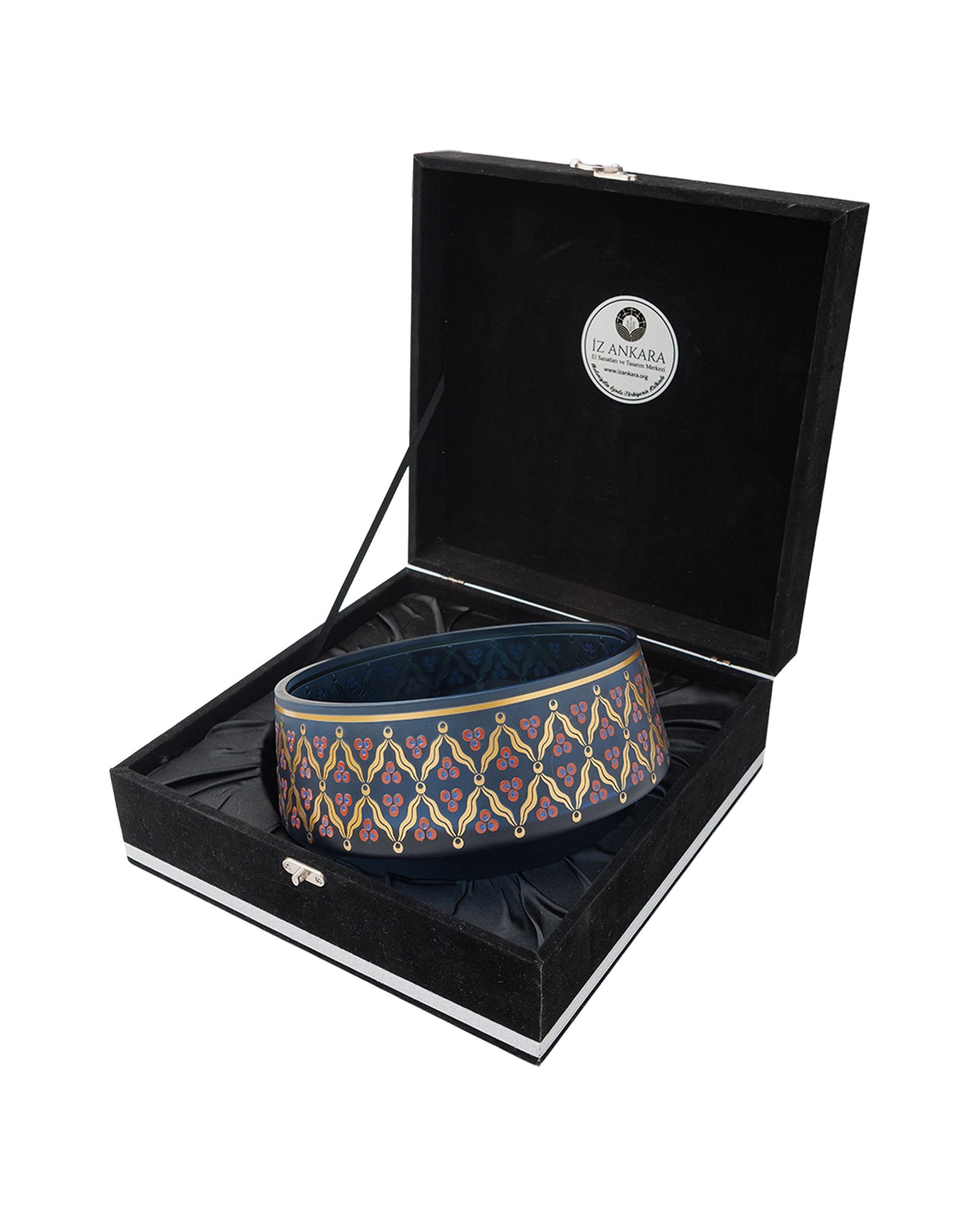 Petrol Blue Decorative Glass Bowl with Çintemani Motif - izankara