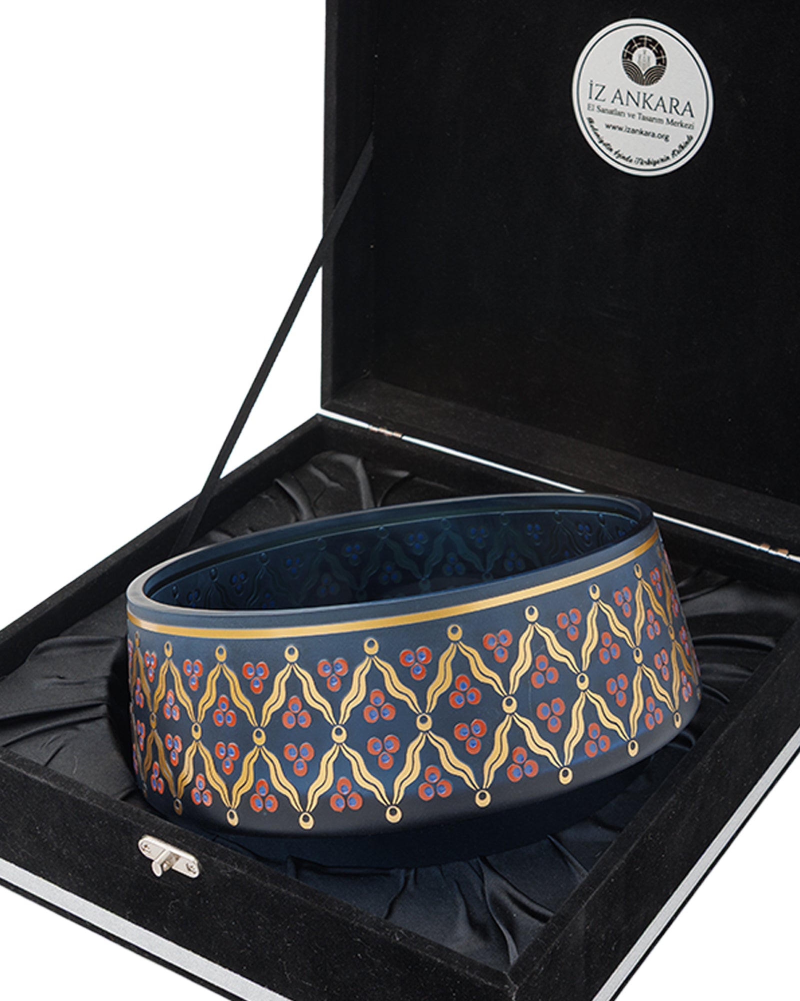 Petrol Blue Decorative Glass Bowl with Çintemani Motif - izankara