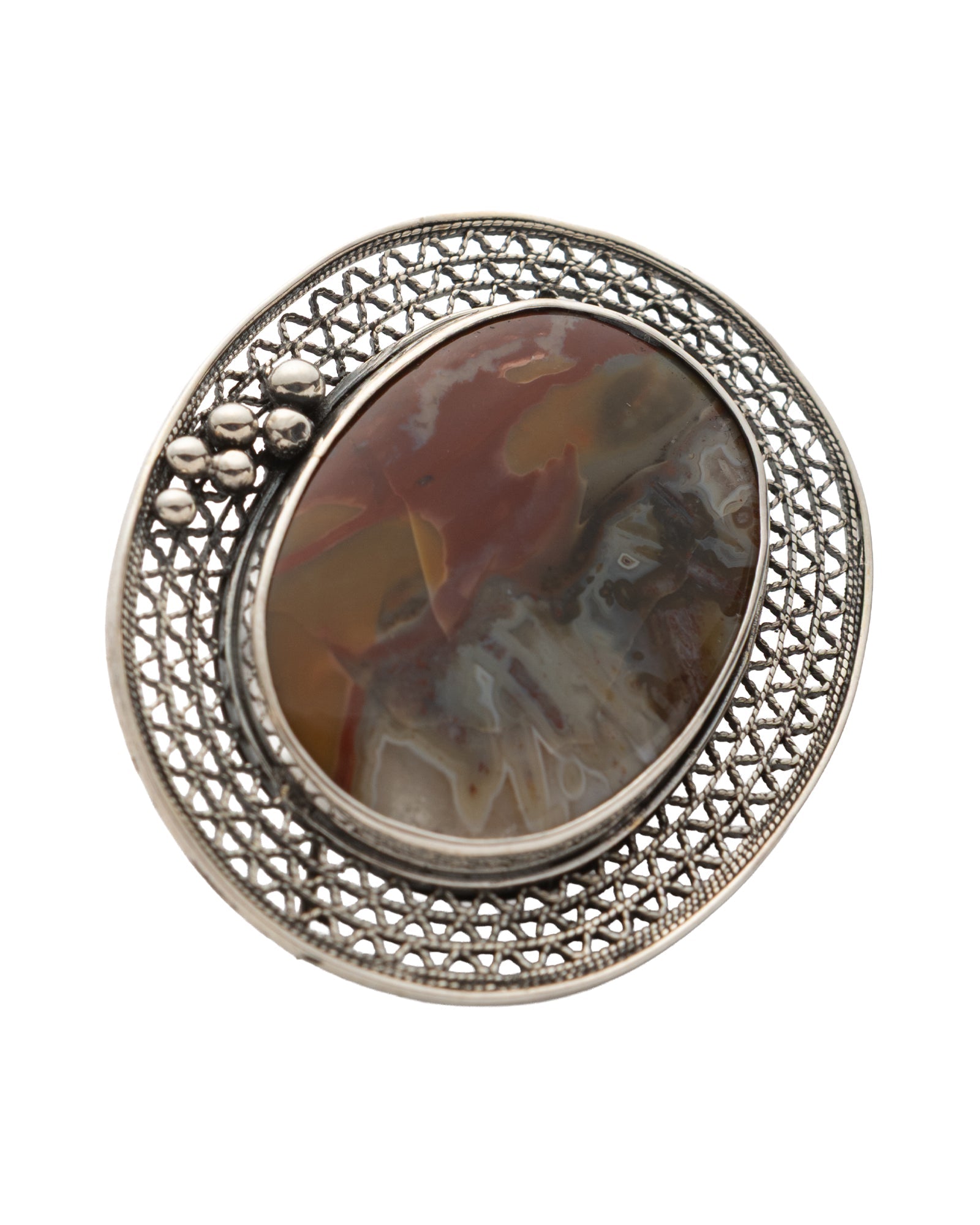 Red - Brown Round Agate Brooch - 2101 2914 - izankara