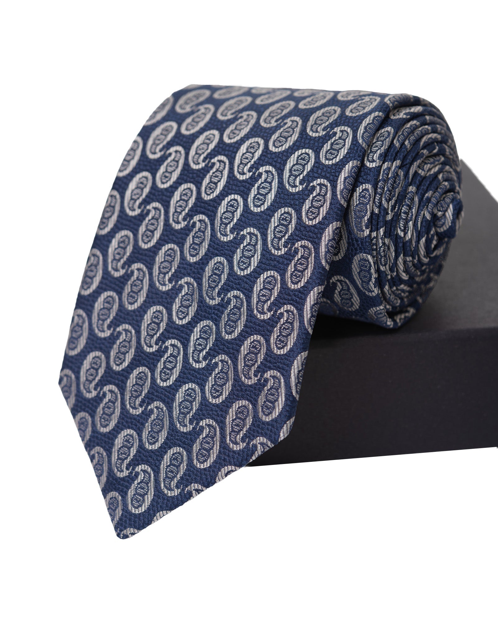 Shawl Pattern Silk Tie | Silver - Navy - izankara