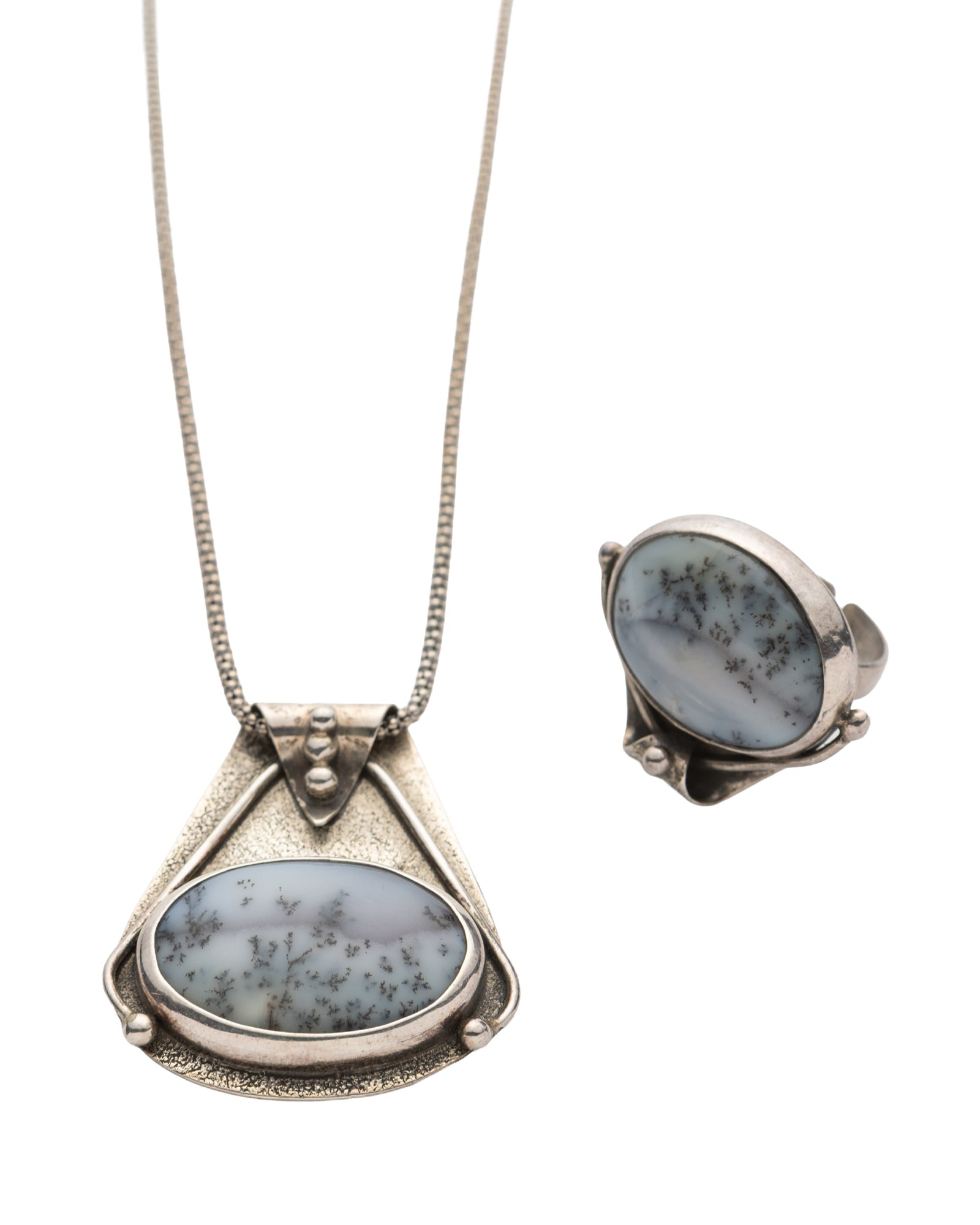 White - Grey Wood Patterned Oval Agate Stone Necklace and Ring Set - 2101 3133 - izankara