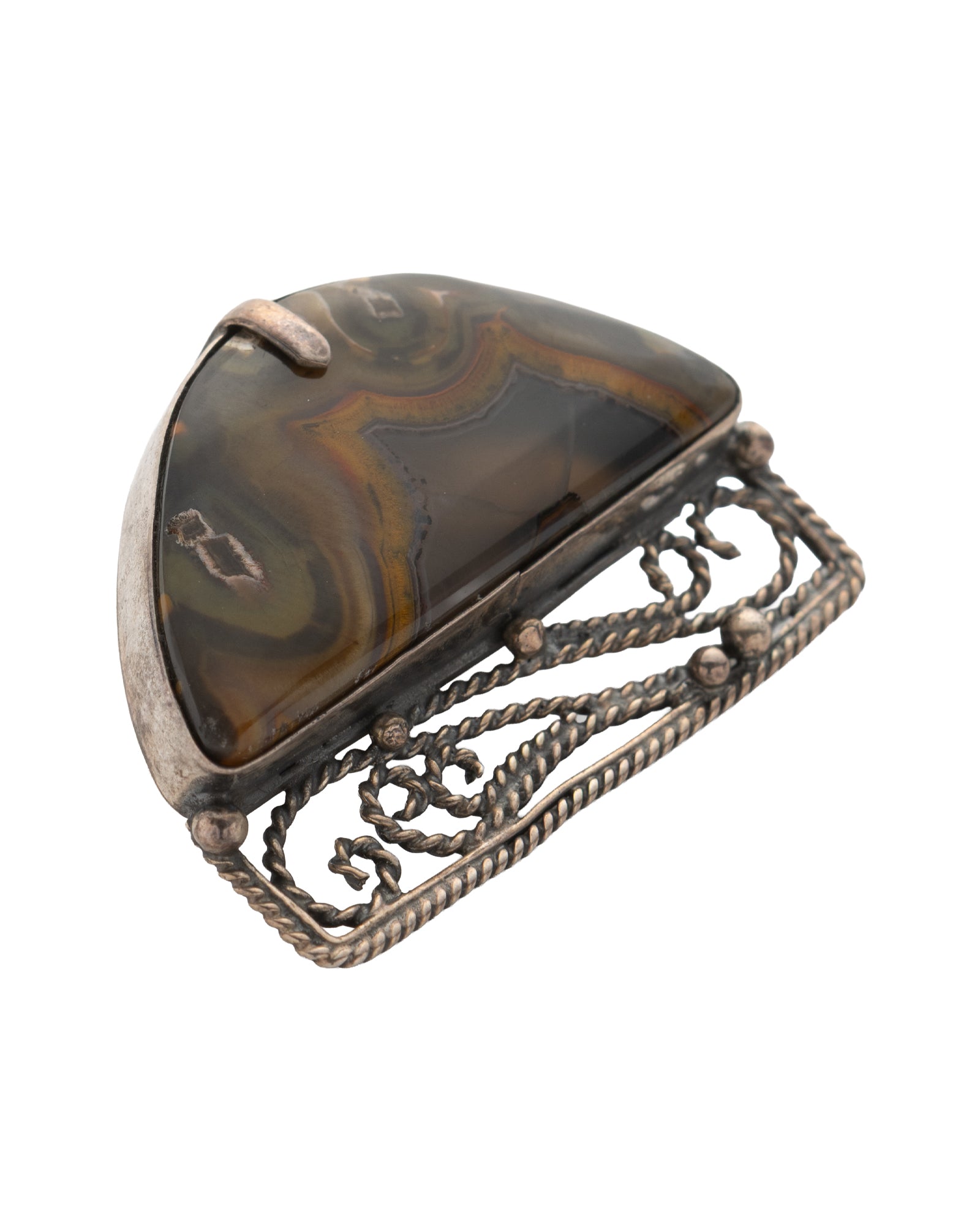 Brown-Gray Half-Moon Agate Brooch and Ring Set - 2100 7170